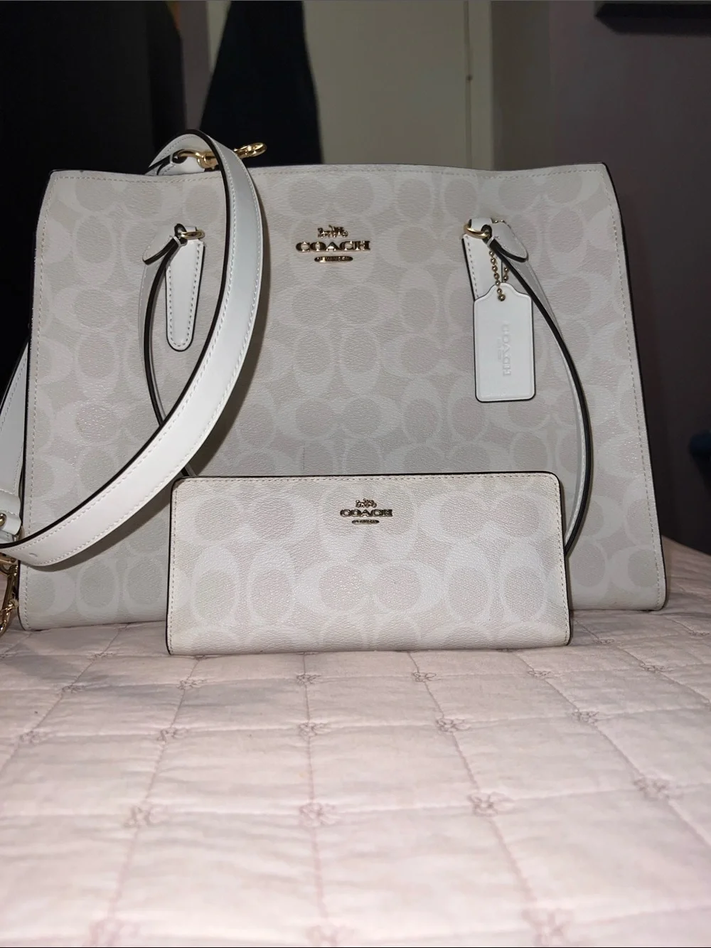 Coach White Signature Tote with Matching Wallet